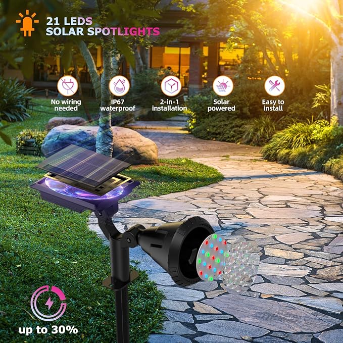 Solar Spotlights Outdoor Color Changing, 180°Adjustable Flag Pole Lights, IP67 Garden Lights Solar Powered Waterproof, Wall Lights for Garden Pool Area Pond, Landscape Solar Light for Yard