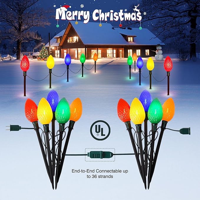 2 Packs Outdoor Christmas Decorations, Jumbo C9 Christmas Pathway Lights or Xmas String Lights, 8.5 Feet 5 LED Multicolored Large Bulbs, Waterproof Marker Lights for Yard Holiday Lawn Walkway Garden