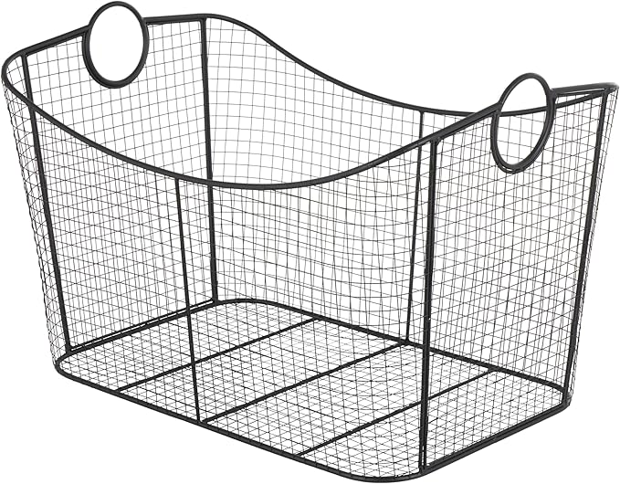 Deco 79 Metal Large Open Frame Wire Grid Storage Basket with Curved Sides and Ring Handles, 30" x 20" x 20", Black