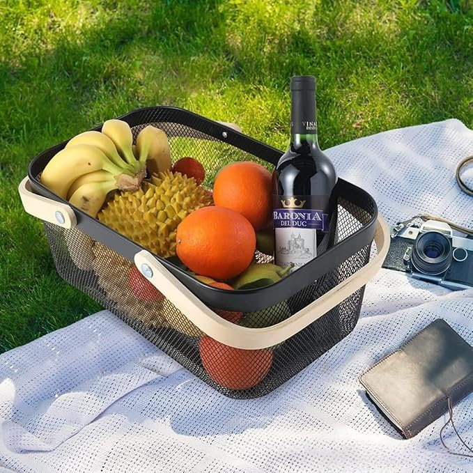 Portable Mesh Harvest Basket - Natural Bamboo Handle Foldable Organizer for Kitchen, Garden & Picnic | Ventilated Storage Bin with Rust-Proof Wire, Space-Saving Farmhouse Decor (Black)