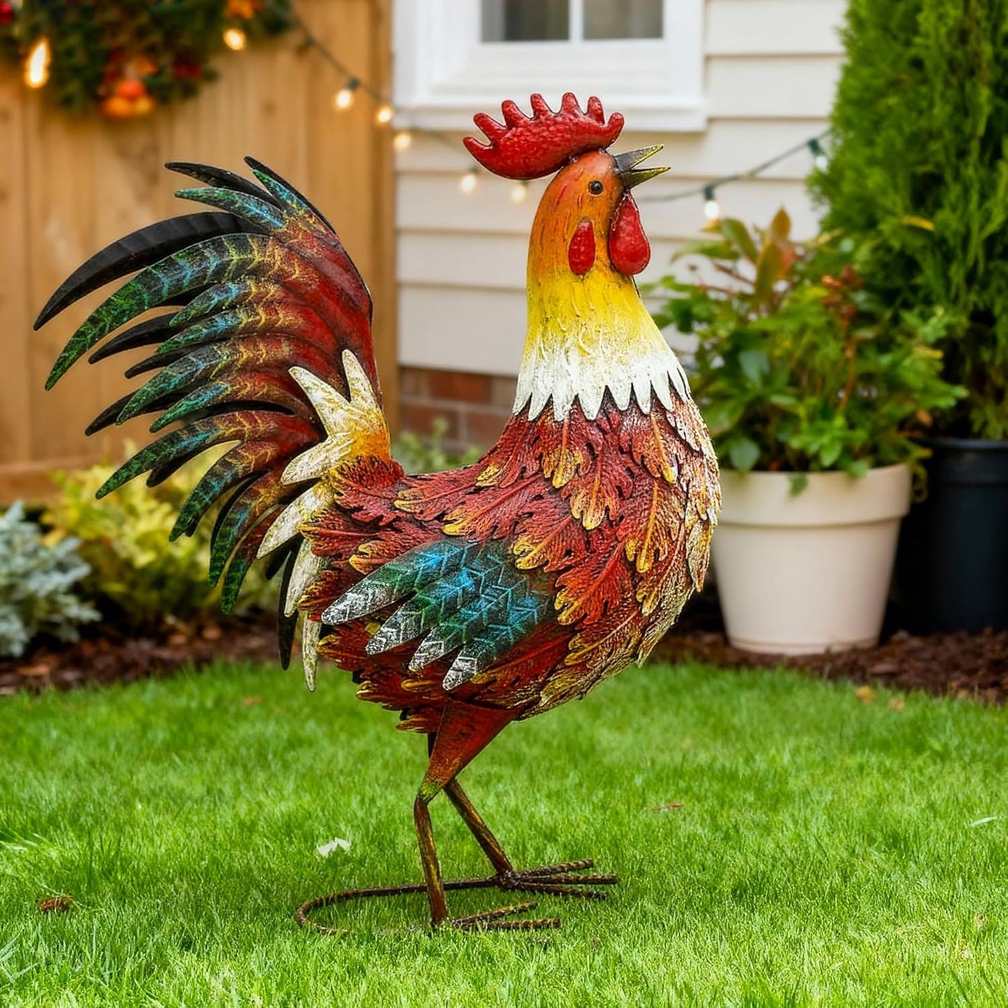 21in Metal Rooster Yard Decor, Outdoor Garden Statues, Metal Chicken Sculpture for Backyard Garden Patio Kitchen Décor