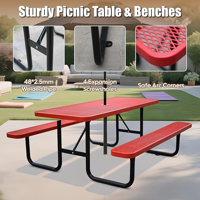 4FT Metal Picnic Tables for Outdoors, Commercial Rectangular Picnic Table and Bench Set for Outside, Patio, Garden, Backyard, Porch, Surface Mount, Red