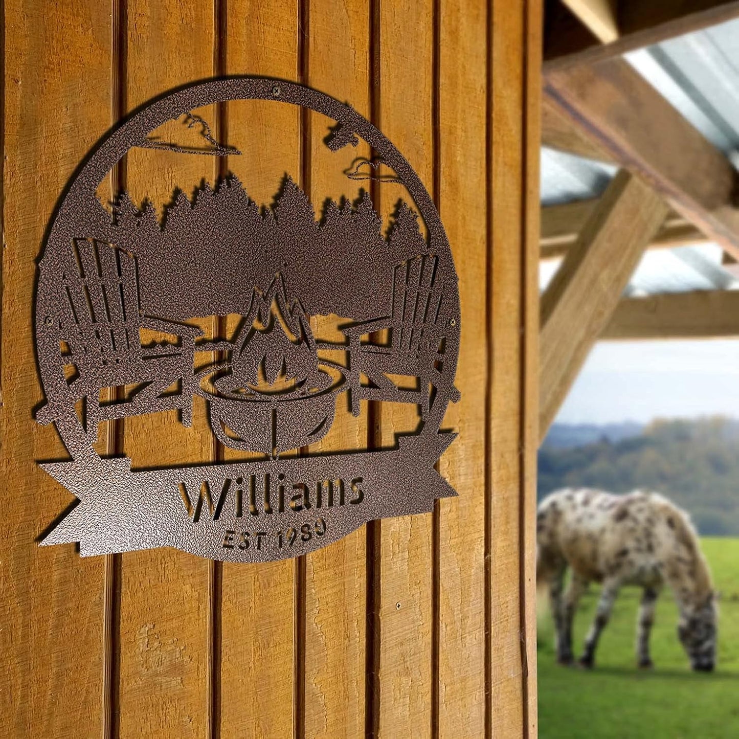 RealSteel Forest Campfire Monogram, Custom Home & Wall Décor, Personalized Sign, Outdoor Campsite, for Backyards, Deer Leases, Campgrounds, and Fire Pit area