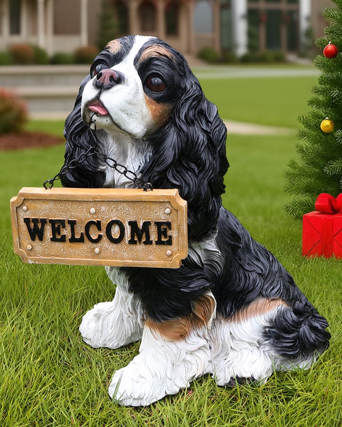 Charming Cavalier King Charles Spaniel Welcome Dog Statue with Solar Lantern, Hand-Painted Sitting Resin Puppy Figurine with Reversible Signs for Garden, Patio, and Porch Décor