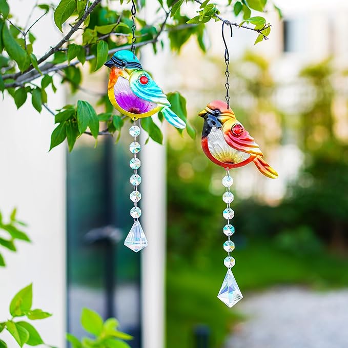 Set 2 Stained Glass Little Birds Suncatchers Rainbow Maker Crystal Prisms Hanging Suncatcher for Window Colorful Metal Birds Wall Art Fence Decorations