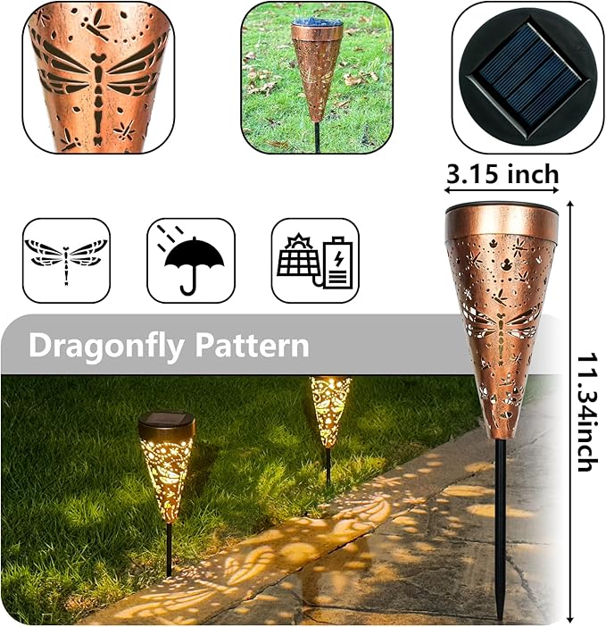 4-Pack Dragonfly Outdoor Decor Solar Pathway Lights, Metal Landscape Lighting for Outside Use: Patio, Yard, Lawn, Backyard, Walkway, Driveway – Gifts for Women, Mother, Grandmother