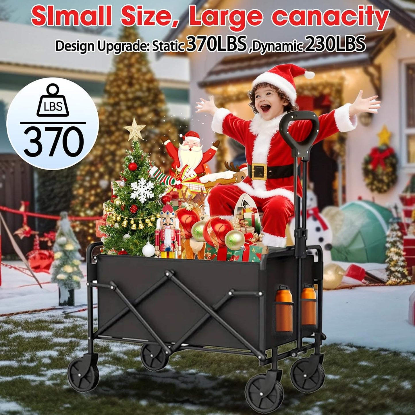 Collapsible Wagon with Wheels, 370lbs Weight Capacity Foldable Beach Wagon with Flexible Handle Portable Utility Wagon Cart for Outdoor, Grocery, Garden, Camping