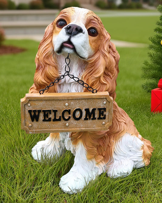 Sunny Cavalier King Charles Spaniel Solar Welcome Dog Statue, Hand-Painted Sitting Resin Puppy Figurine with Dual Signs and Lantern for Garden, Patio, and Front Porch Décor