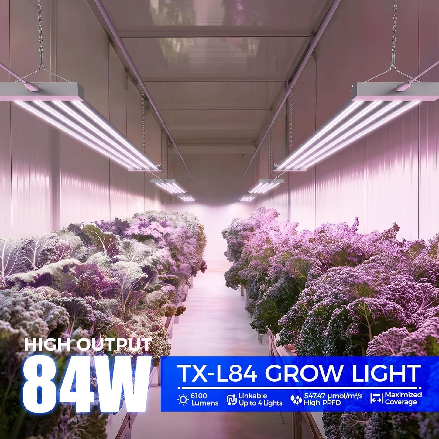 Barrina TX-L84 4FT LED Grow Light, 84W, 4 Panels Wider Coverage, Full Spectrum, High PPFD, Super Bright, Linkable, Hanging Fixture, Plant Stand with Grow Light for Indoor, Seeding, 1 Pack