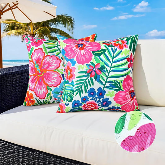 Outdoor Pillow Covers 18x18 Inch Set of 2 Tropical Floral Plants Boho Throw Pillows Cases Waterproof LSquare Garden Cushion Sham for Patio Funiture Tent Balcony Bench Sofa Couch
