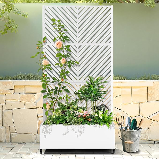 Raised Garden Bed with Trellis and Wheels,73"x35"x16" Metal Raised Garden Bed,White Parallel Metal Planter with Climbing Trellis for Vines & Vegetables