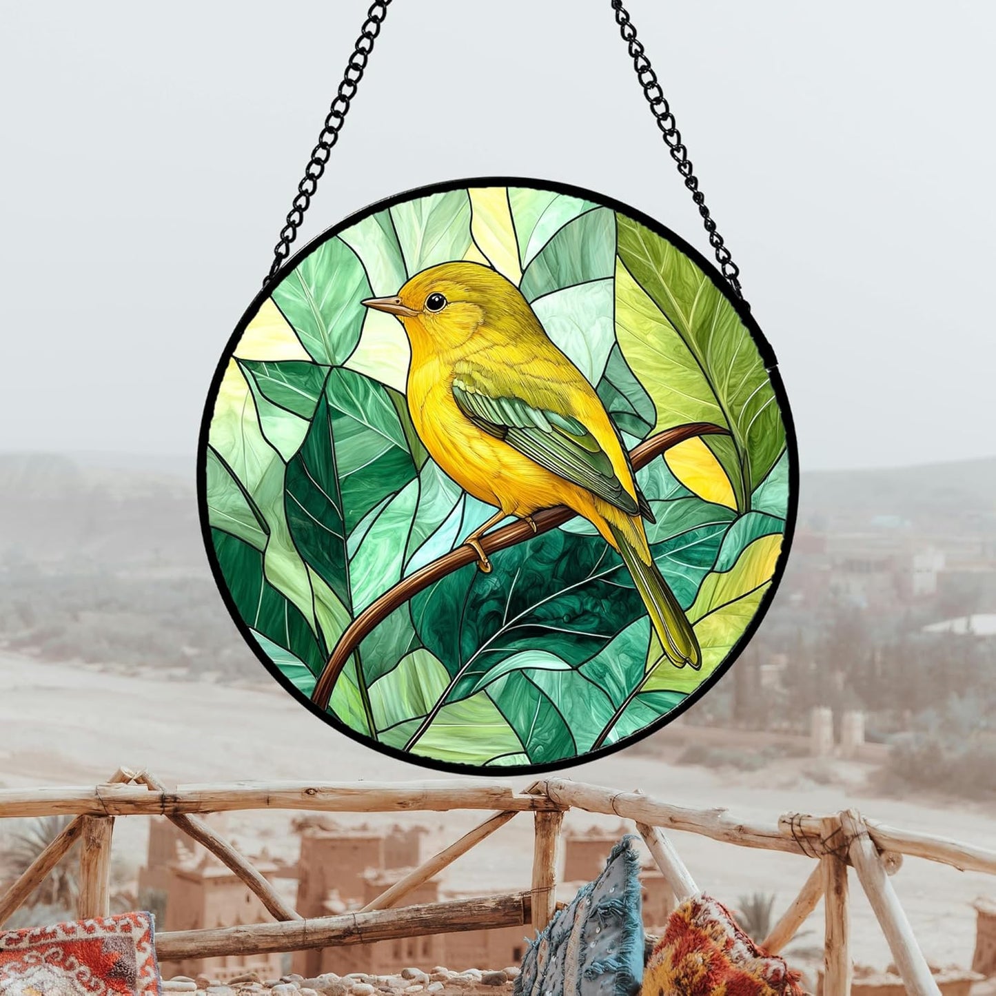 Stained Glass Window Hanging 4 Pcs Set Green Plants Animals Theme Large 15" - Bird Tiger Suncatcher Door Garden Sun Catcher Decor Birthday for Mom Woman Nana Men Friend