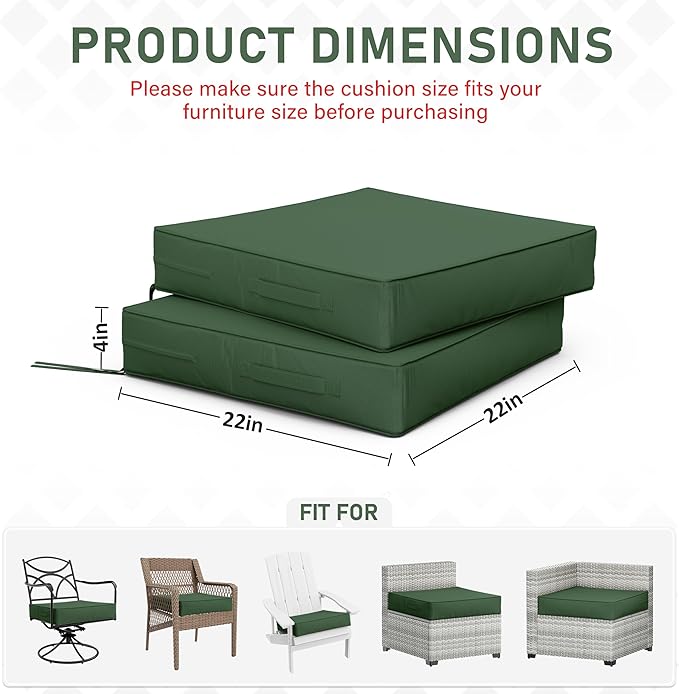 Patio Chair Cushions 22 X 22 X 4 Inch Waterproof Outdoor Seat Cushions for Patio Furniture, Outdoor Sofa Couch Pads with Ties & Handle, Set of 2, Green