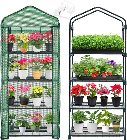 Mini Greenhouse for Indoor Outdoor,Plant Green House 4-Tier Rack Stand Portable Greenhouses with Durable PE Cover for Seedling, 2.5x1.6x5.2 FT Ideal Gardening Gifts for Women Men(PLGH704G)
