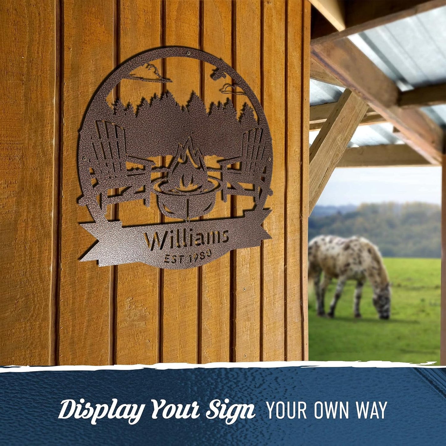 RealSteel Forest Campfire Monogram, Custom Home & Wall Décor, Personalized Sign, Outdoor Campsite, for Backyards, Deer Leases, Campgrounds, and Fire Pit area