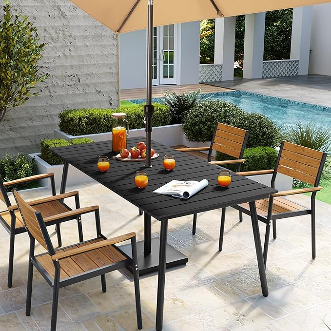 Outdoor Dining Table for 6, 70inch Patio Dining Table with Wooden-Like Top and Aluminum Frame, Rectangular Table with Umbrella Hole Outdoor Furniture, Only Table, Black
