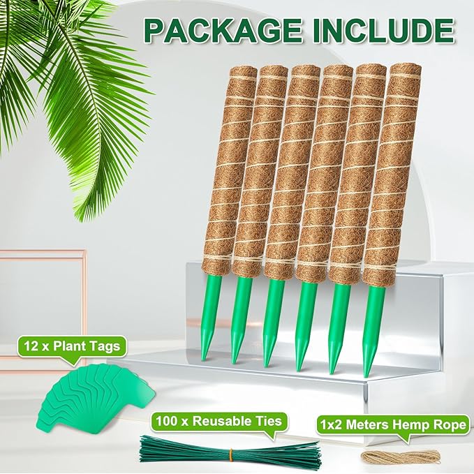 EAONE Moss Pole 96 Inch, 6 Pack 16" Monstera Plant Support for Climbing Potted Live Plants Indoor, Stackable Coco Coir Moss Sticks Monstera Stakes for Pothos Philodendron, with Garden Labels & Ties