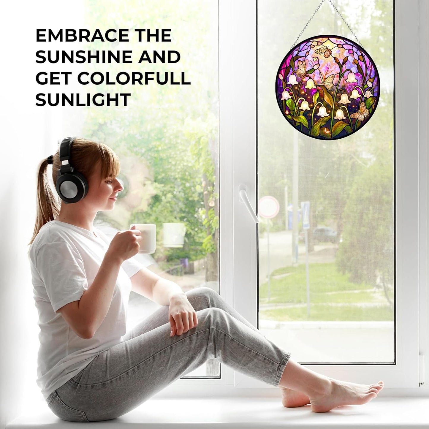 Lily Stained Glass Window Hanging, Lily of The Valley Flower Sun Catchers Colorful Glass Panel Green Plants Christmas Suncatcher Decor for Birthday for Women,Men,Wife, Lovers & Mom 6.3 in