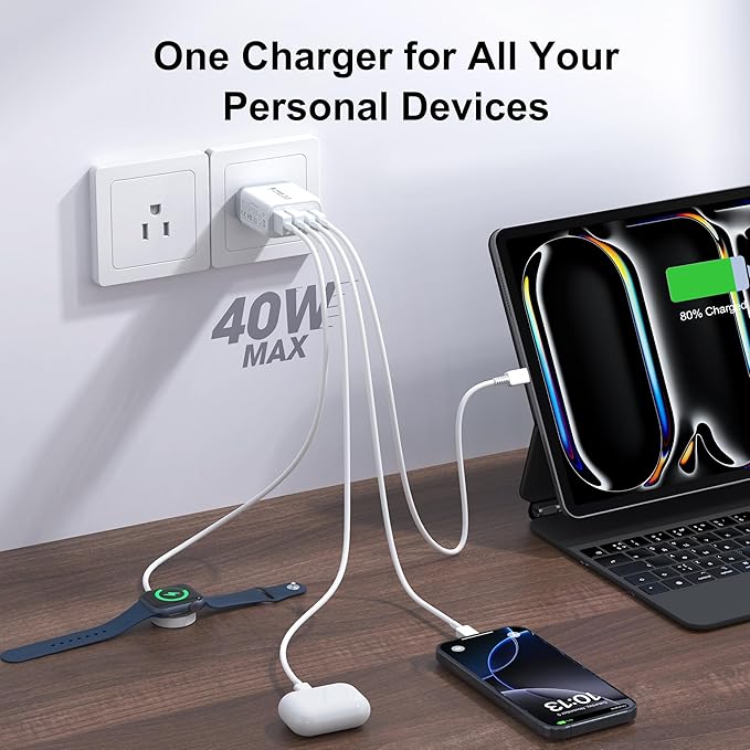 [2-Pack] 40W USB C Wall Plug, 4 Port Fast Charging Block PD 3.0 Multi Port Type C Adapter Cube for iPhone 16/15/14/13/12/Pro Max Plus/XR/SE,iPad/Pro/Mini/Air,AirPods4,watch10,Galaxy