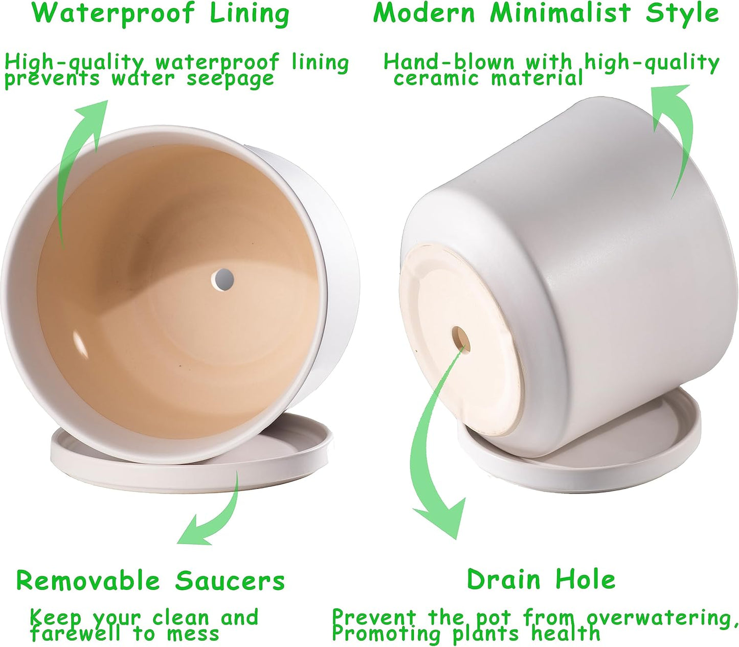 Ekirlin 9 inch Plant Pots,Ceramic Flower Planters Indoor,Modern Succulents Containers with Drain Hole Saucer,Decorate Home,Office & Outdoor (White)