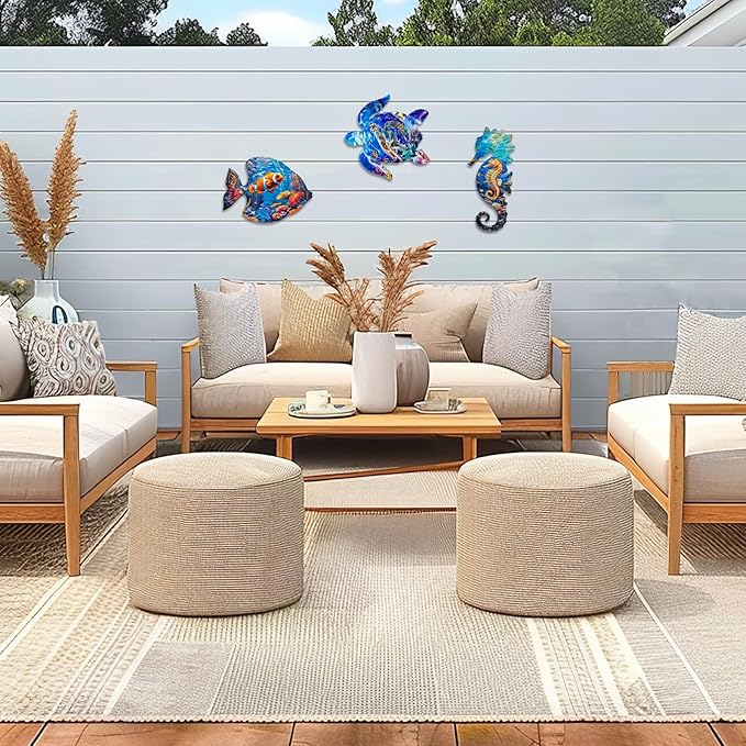 LIFFY Metal Fish Wall Decor Fish Metal Wall Art Ocean Themed Sea Turtle Fish Seahorse Coastal Wall Sculpture, Nautical Outdoor Decor For Garden, Fence, Patio, Pool,Beach,Bathroom (3 Pcs)