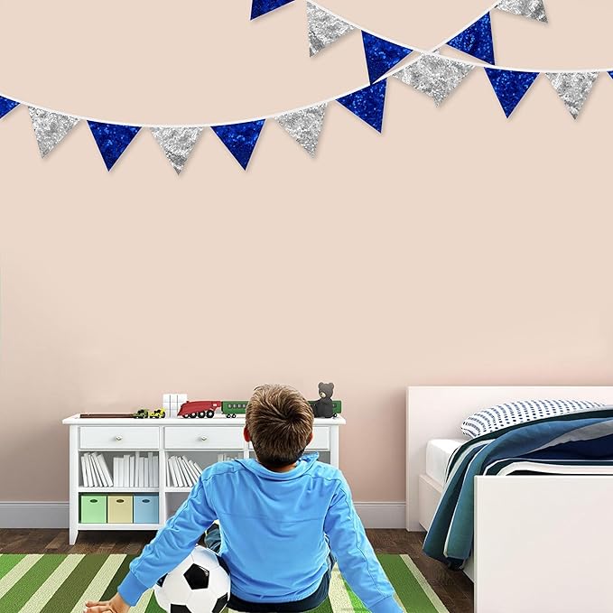 Pinkblume Silver Blue Double Sided Sequin Fabric Triangle Pennant Banner Flag Bunting Garland for Nautical Ahoy Anchor Theme Nursery Home Classroom Wall Decor