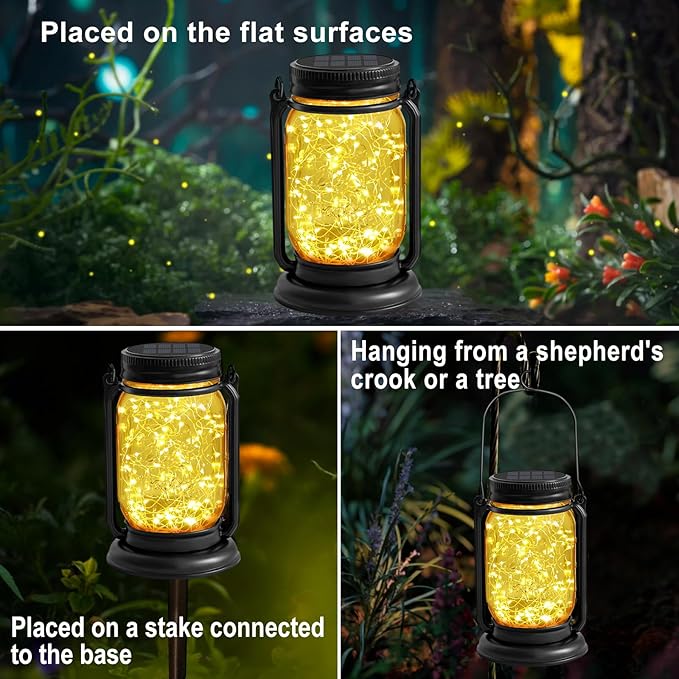 4 Pack Hanging Solar Lantern Lights,Vintage Glass Mason Jar Solar Fairy Lights, Mothers Day Gifts for Woman Mom Grandmom,Outdoor Decorative Waterproof Table Lamp with Stakes for Patio Yard Lawn Tree