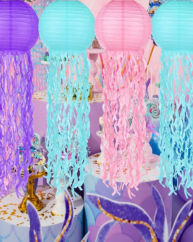 18 Pcs Jellyfish Paper Lanterns Mermaid Birthday Decorations Hanging Lantern Lamps for Ocean Theme Decor Under The Sea Party Supplies