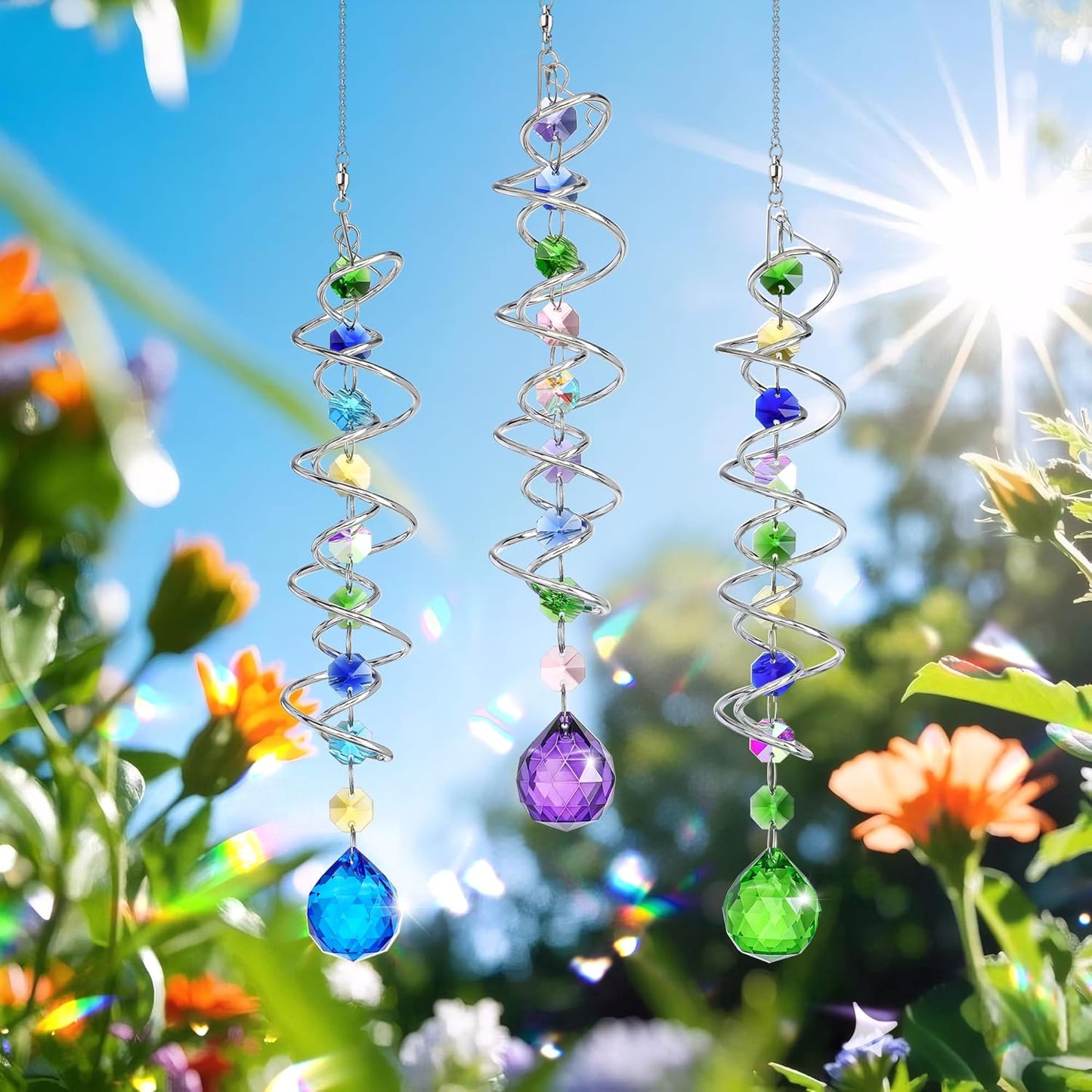 H&D HYALINE & DORA 5 Pack Sun Catchers Crystal Suncatchers for Windows Hanging Gazing Ball Spiral Tail Wind Spinners for Yard and Garden Indoor Home Decor