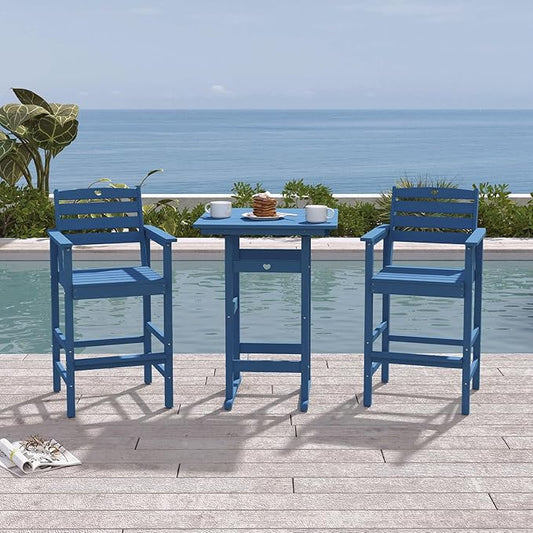 3-Piece Bar Height Patio Table and Chairs Set, HDPE Wood Grain Outdoor Bar Table and Chairs with Heart Cutout Design, Weather-Resistant Bar Height Furniture for Deck, Porch, Pool (Navy Blue)