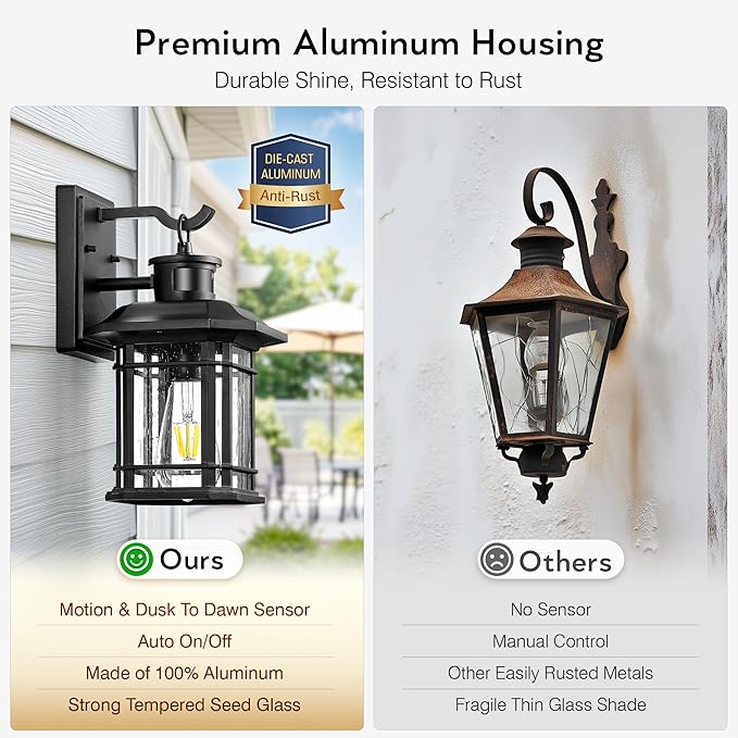 Outdoor Light Fixture With Motion Sensor, Dusk To Dawn Modern Exterior Porch Lights Wall Mount, Anti-rust 100% Aluminum Outdoor Wall Lantern, Black Farmhouse outdoor wall light For Garage Backyard