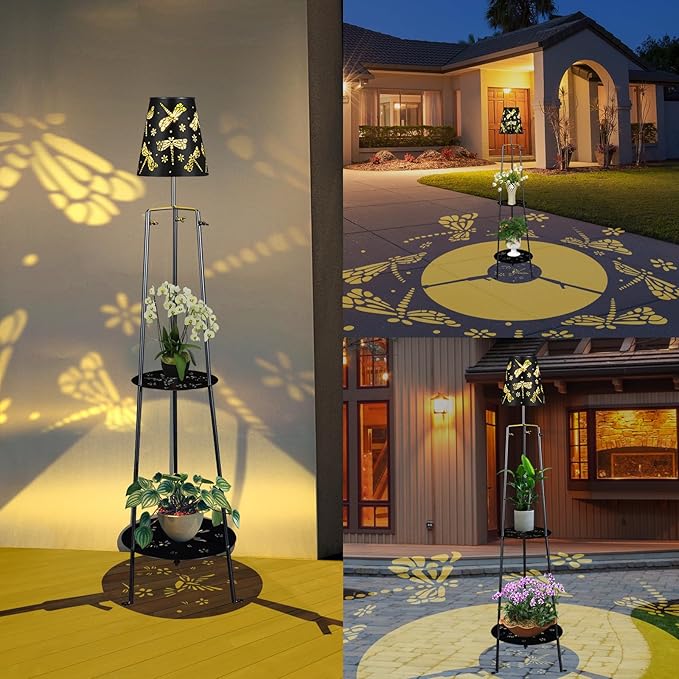 47.2'' Outdoor Metal Solar Floor Lamps with 2 Plant Stand Dragonfly Solar Lights Plant Stand Waterproof Solar Powered Outdoor Lantern Garden Decorative Light for Pathway Patio Porch Deck Yard