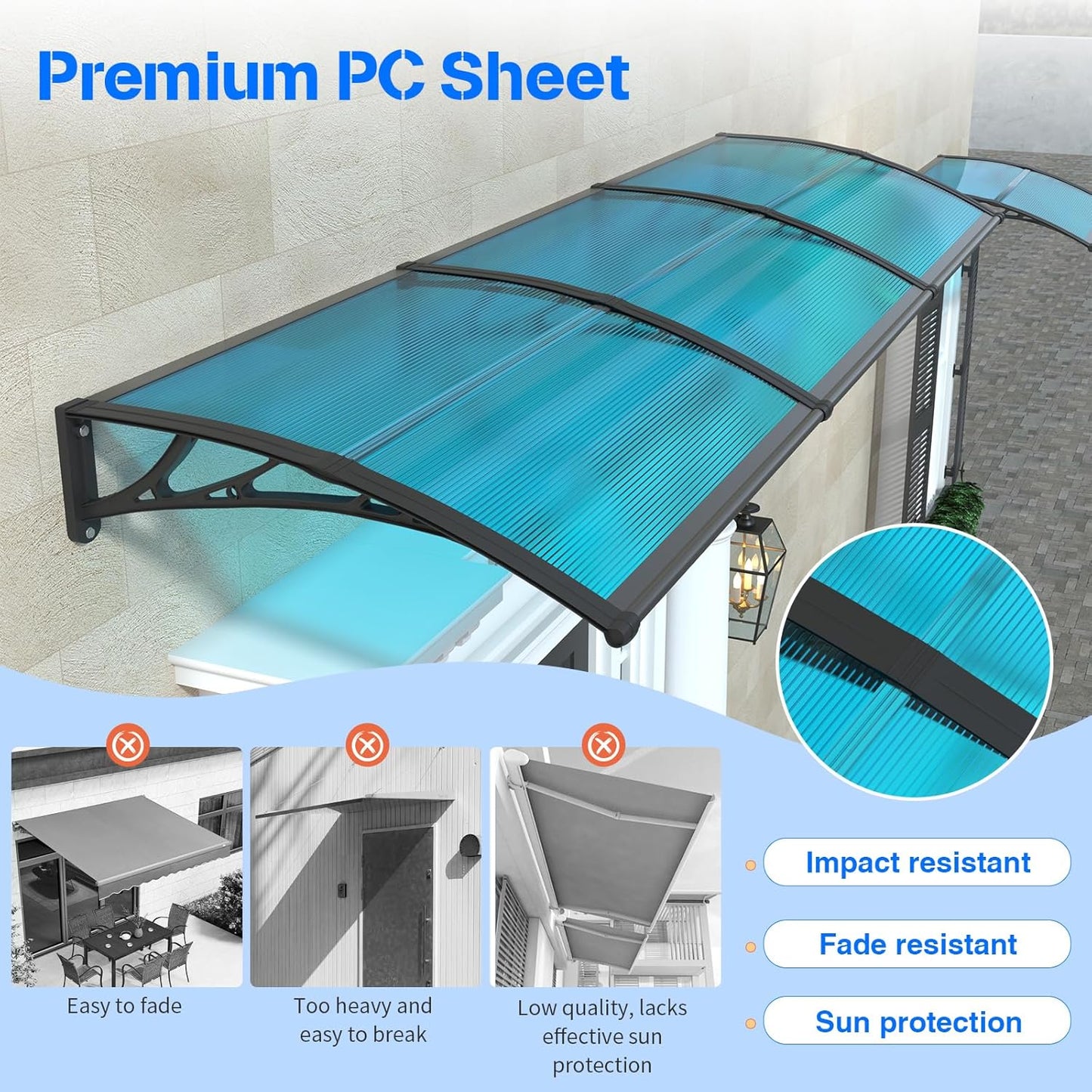 Awning for Door Entrance,40x48 inches Window Awnings for Doors Canopy Polycarbonate Cover Patio Door Awning UV Rain Snow Sunlight Protection Hollow Shee