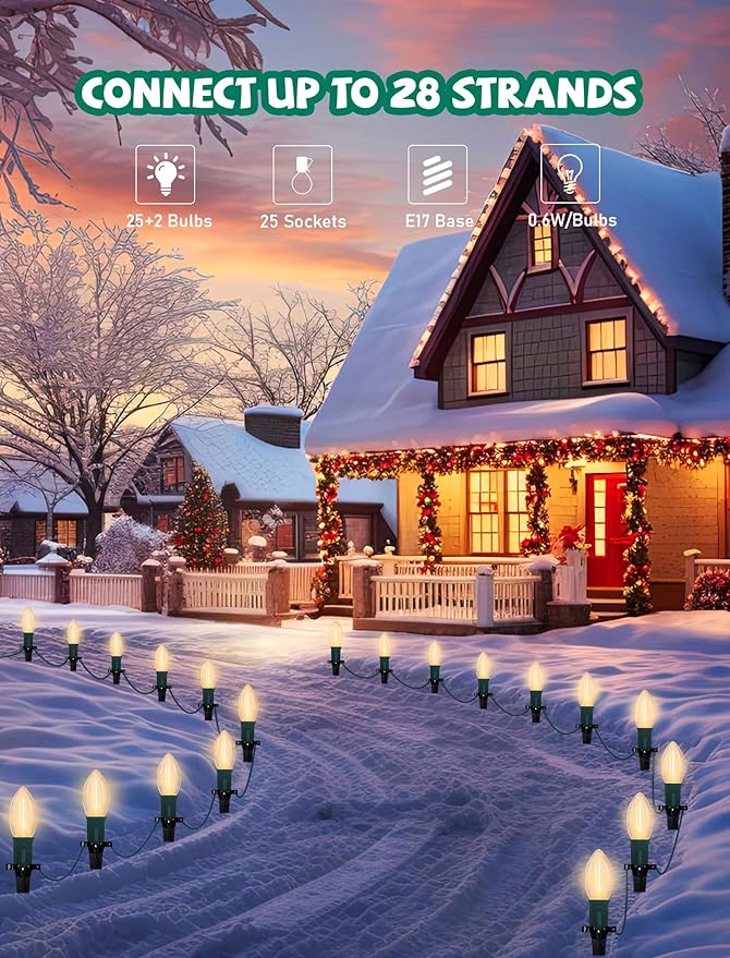 38Ft C9 LED Christmas Pathway Lights Outdoor, 25 C9 LED Warm White Christmas Pathway Stakes Lights Waterproof, Outdoor Christmas Walkway Lights for Yard Lawn Sidewalk Driveway Christmas Decorations