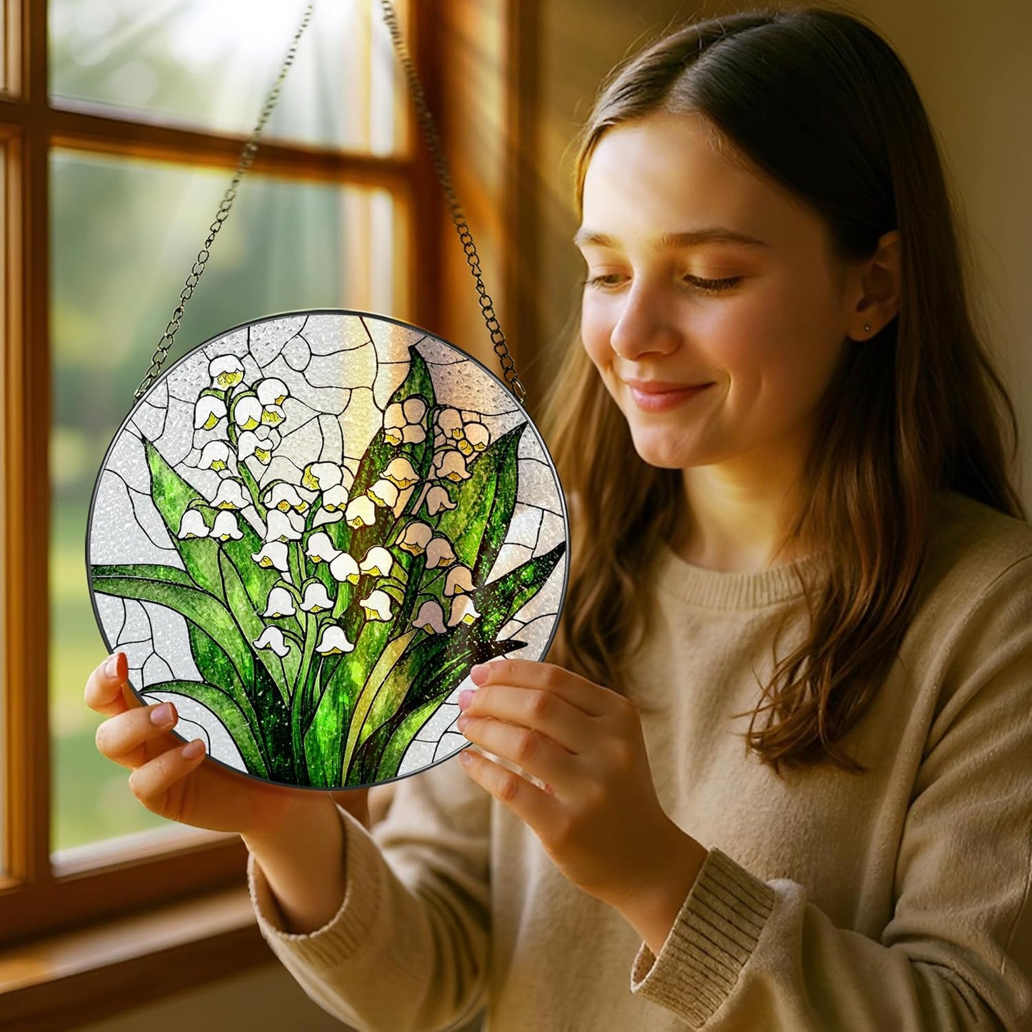 Lily of The Valley Flower Stained Glass Suncatcher, Stained Glass Window Hanging, 8 Inch Green Plants Suncatcher Decor, Gifts for Mother's Day, Mom Gift, Grandma Gift, Gifts Idea