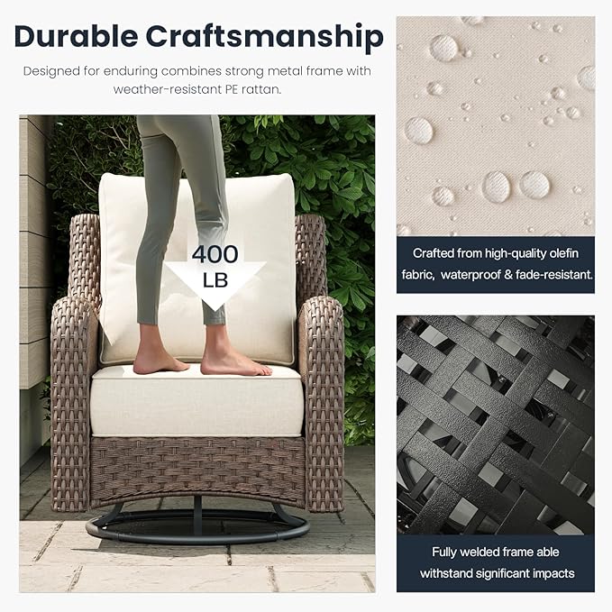 3 Pieces Outdoor Patio Furniture Sets with Rocking Swivel Chairs with 6-inch Thick Cushion and Side Table for Deck Lawn