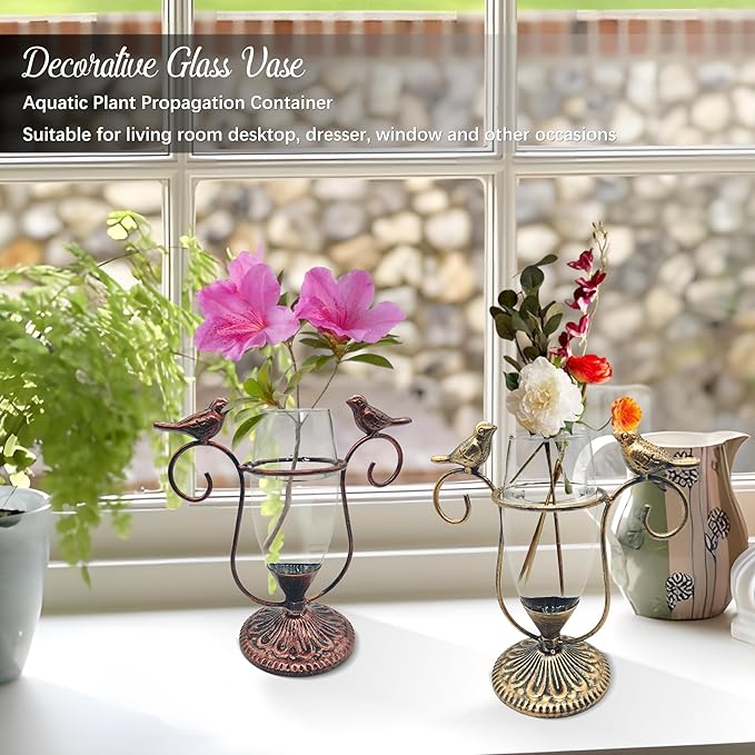 2 Pack Desktop Plant Terrarium,Bird Art Glass Propagation Vase, Propagation Planters with Vintage Metal Frame, Suitable for Decoration of Desktop Hydroponic Plants in Office and Living Room