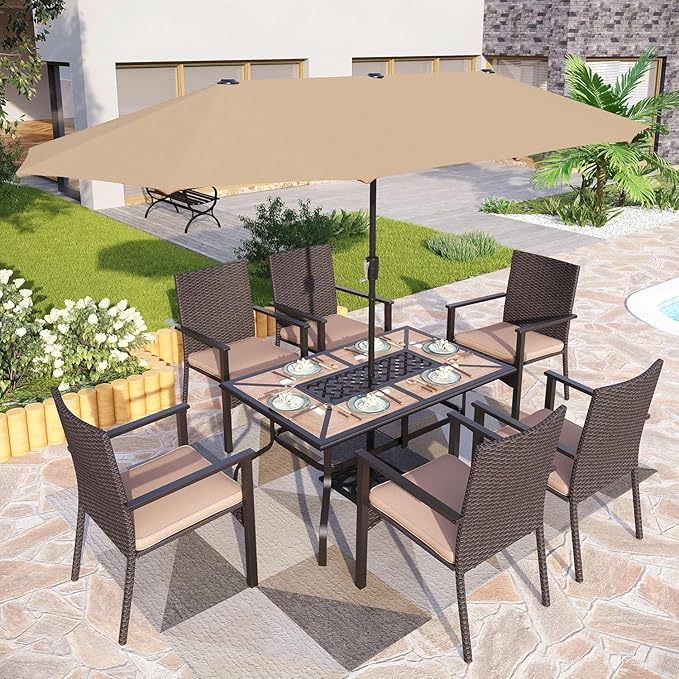 PHI VILLA Outdoor Dining Table for 6, Rectangular Metal Wrought Iron Table with Polywood Tabletop and Umbrella Hole, Large Heavy-Duty Furniture for Patio, Deck, Yard, Porch