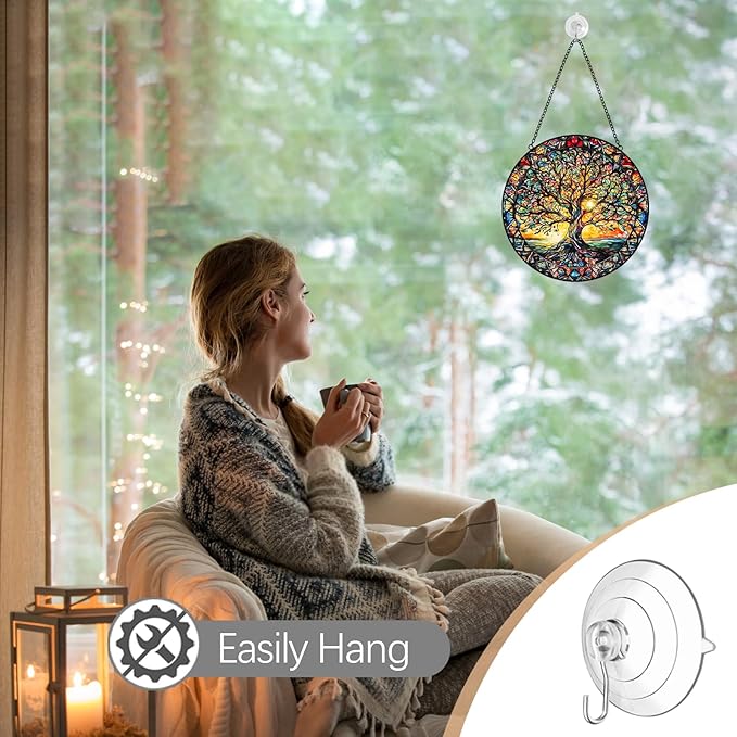 Tree of Life Sun Catcher Stained Glass Window Hanging - Handmade Suncatchers for Windows Hanging Stained Glass Suncatcher - Sun Catchers Indoor Window Wall Home Decor Glass Panel Gift for Women Men