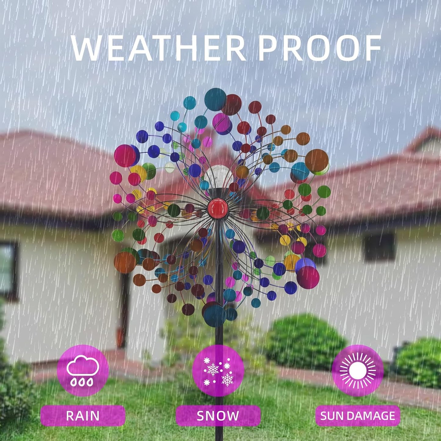 Outdoor Wind Spinner with Garden Stake 88.58" Metal Two-Way Wind Sculptures Solar Color Changing Lights Large Windmills for Garden,Patio,Yard,Lawn Decor Gifts Round