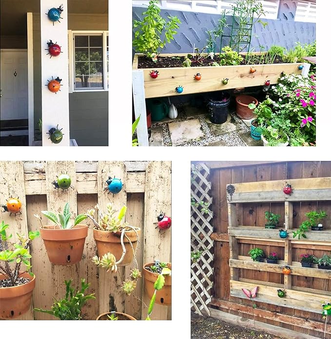 GIFTME 5 Metal Garden Wall Art Decorative Set of 4 Cute Ladybugs Outdoor Wall Sculptures