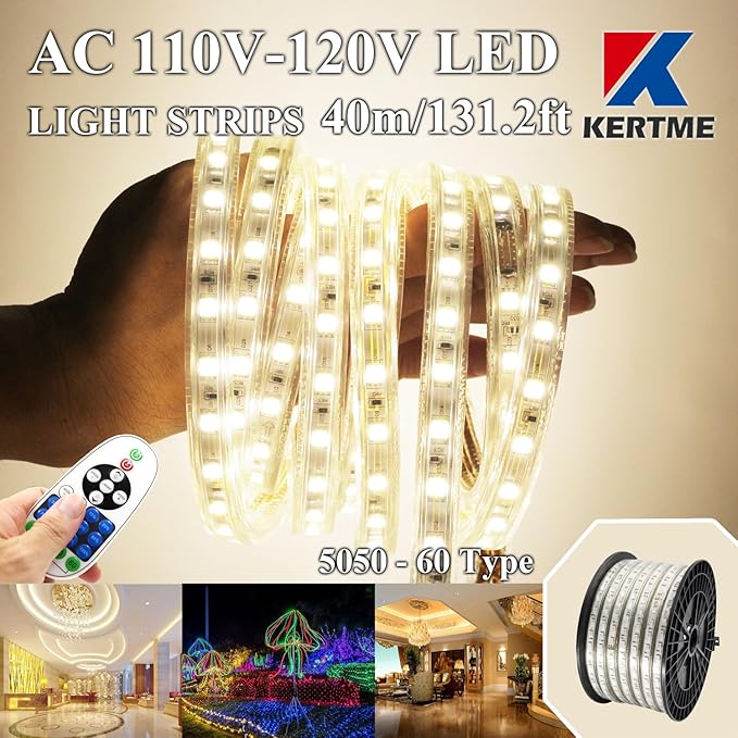 5050-60 Type AC 110-120V LED Strip Lights, Flexible/Waterproof/Dimmable/Multi-Modes LED Rope Light + 23 Keys Remote for Home/Garden/Building Decoration (131.2ft/40m, Natural White 4000K)