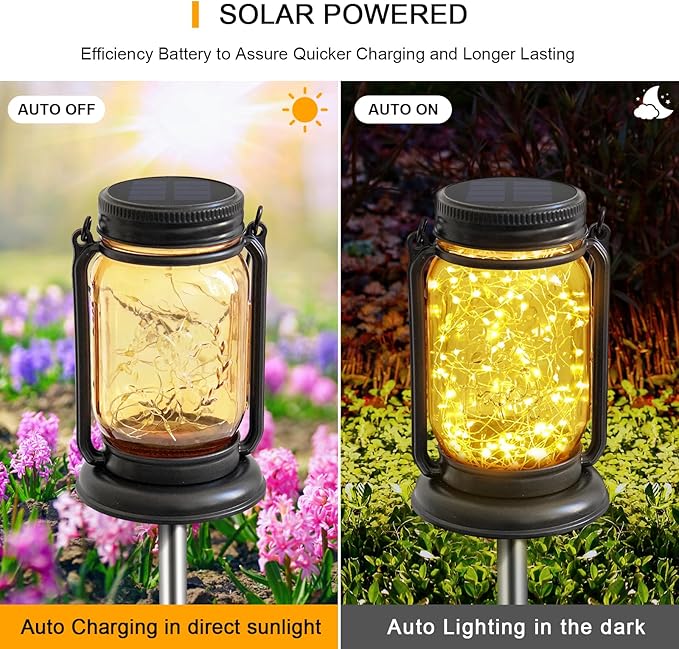 4 Pack Hanging Solar Lantern Lights,Vintage Glass Mason Jar Solar Fairy Lights, Mothers Day Gifts for Woman Mom Grandmom,Outdoor Decorative Waterproof Table Lamp with Stakes for Patio Yard Lawn Tree