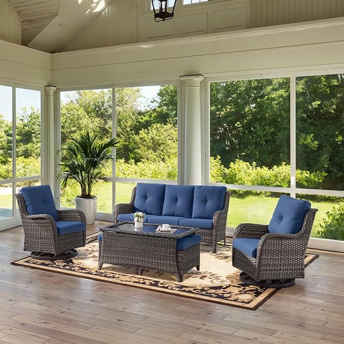 Wicker Outdoor Furniture Patio Furniture Set - 6 Piece Patio Conversation Set with Swivel Rocker Chairs, Rattan Sofa, Ottomans and Coffee Table, Blue Cushion