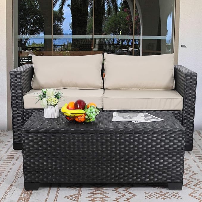 Rattaner Patio Coffee Table with Storage Wicker Outdoor Coffee Table and All-Weather Wicker Side Table with Waterproof Cover, Black