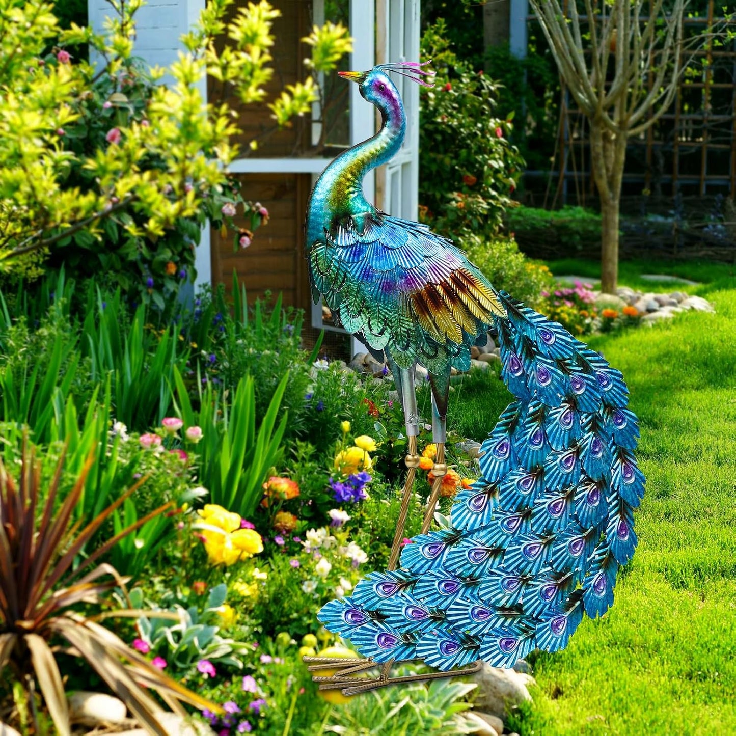 Haven Treasures Luxury 30.5 inches Outdoor Metallic Peacock Statute for Your Garden Decoration, Outdoor Yard Decor Sculpture, Home Décor