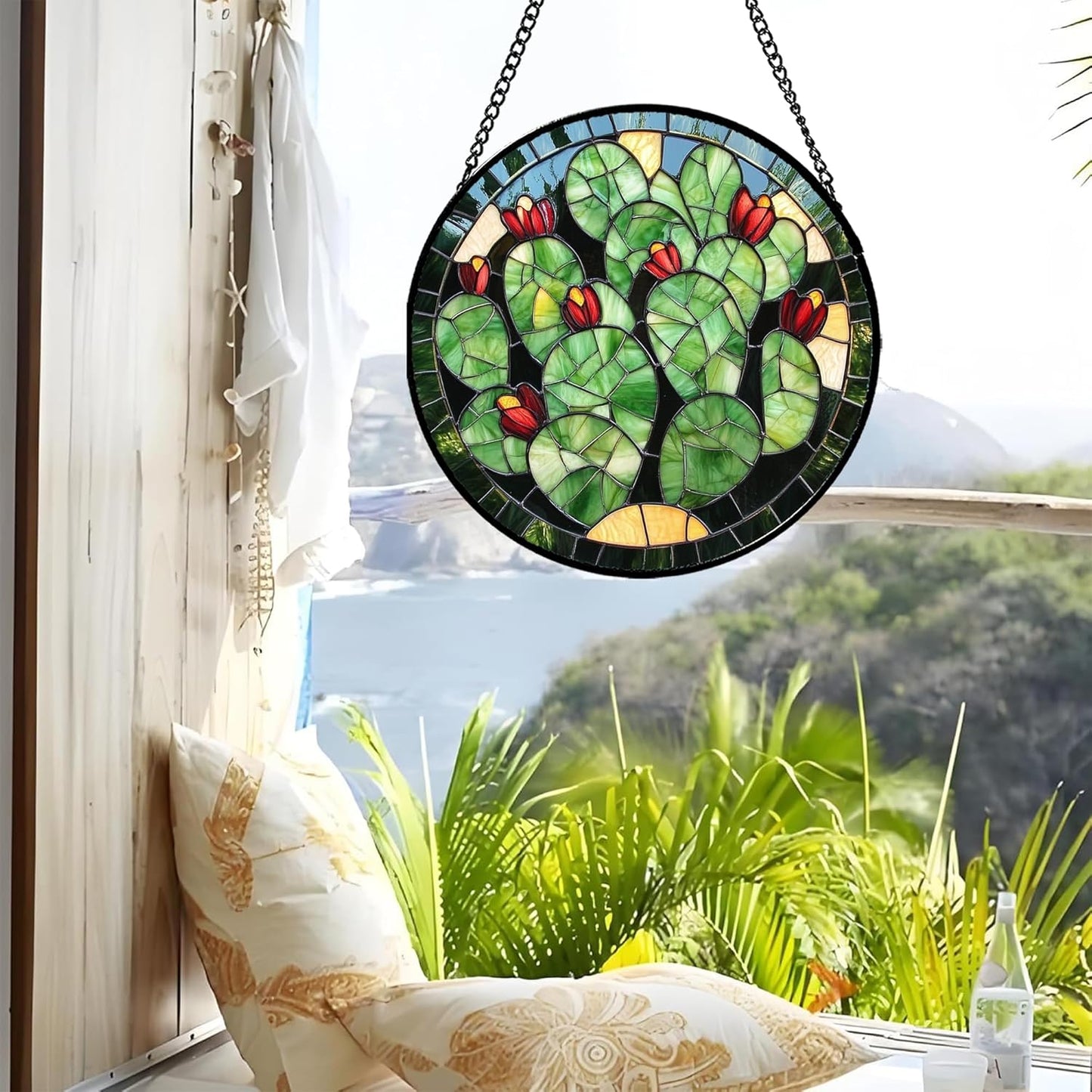 Stained Glass Window Hanging - Green Cactus Suncatcher for Doors Garden Patio Retro Plants Sun Catchers Decor Christmas Mother's Day Birthday Gifts for Women Men Mom Nana Friend 9.8 in
