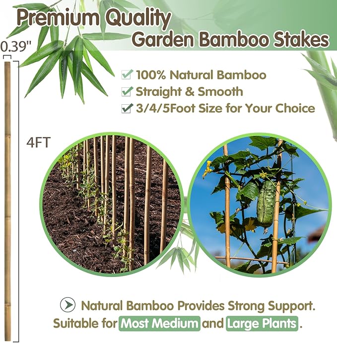 Bamboo Stakes,4FT Natural Bamboo Garden Stakes,BOVITRO 25Pcs Bamboo Plant Stakes,Bamboo Sticks for Tomato,Beans,Vegetable and Climbing Plants
