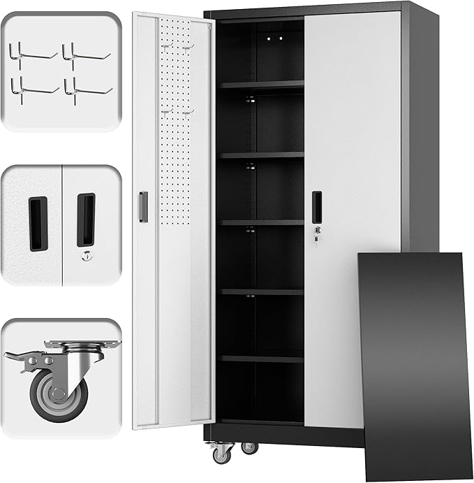 Metal Garage Storage Cabinet with Wheels & Pegboard, Lockable Metal Storage Cabinets with 2 Doors&5 Adjustable Shelves for Garage&Home,Assembly Required,Black Gray 71''H x32''W x16''D