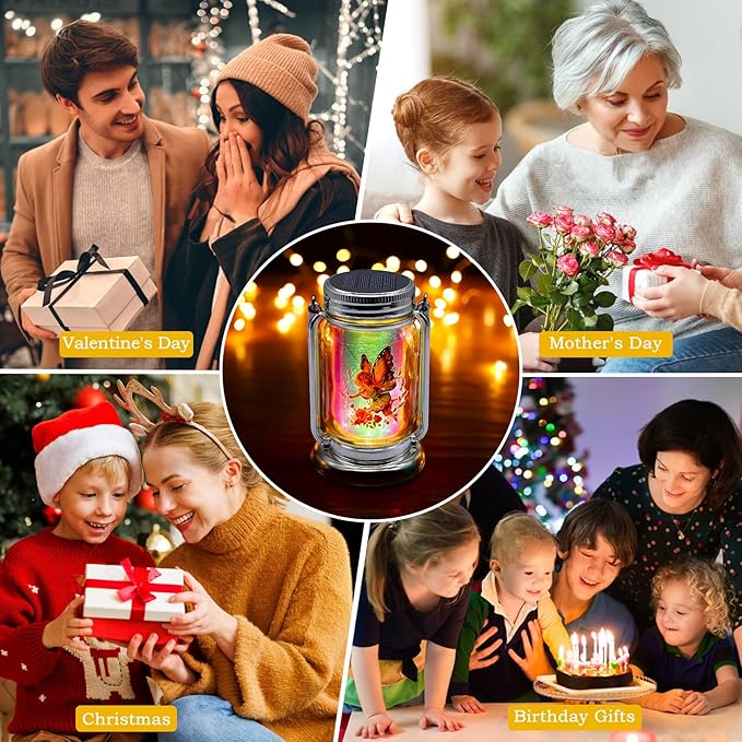 2 Pack Solar Fairy Lanterns for Garden Outdoor Decorations-Gifts for Mom Women Grandma,Outdoor Flower Fairies Silver Glass Mason Jars,Hanging Lamp with Stake for Home Yard Patio Lawn Party